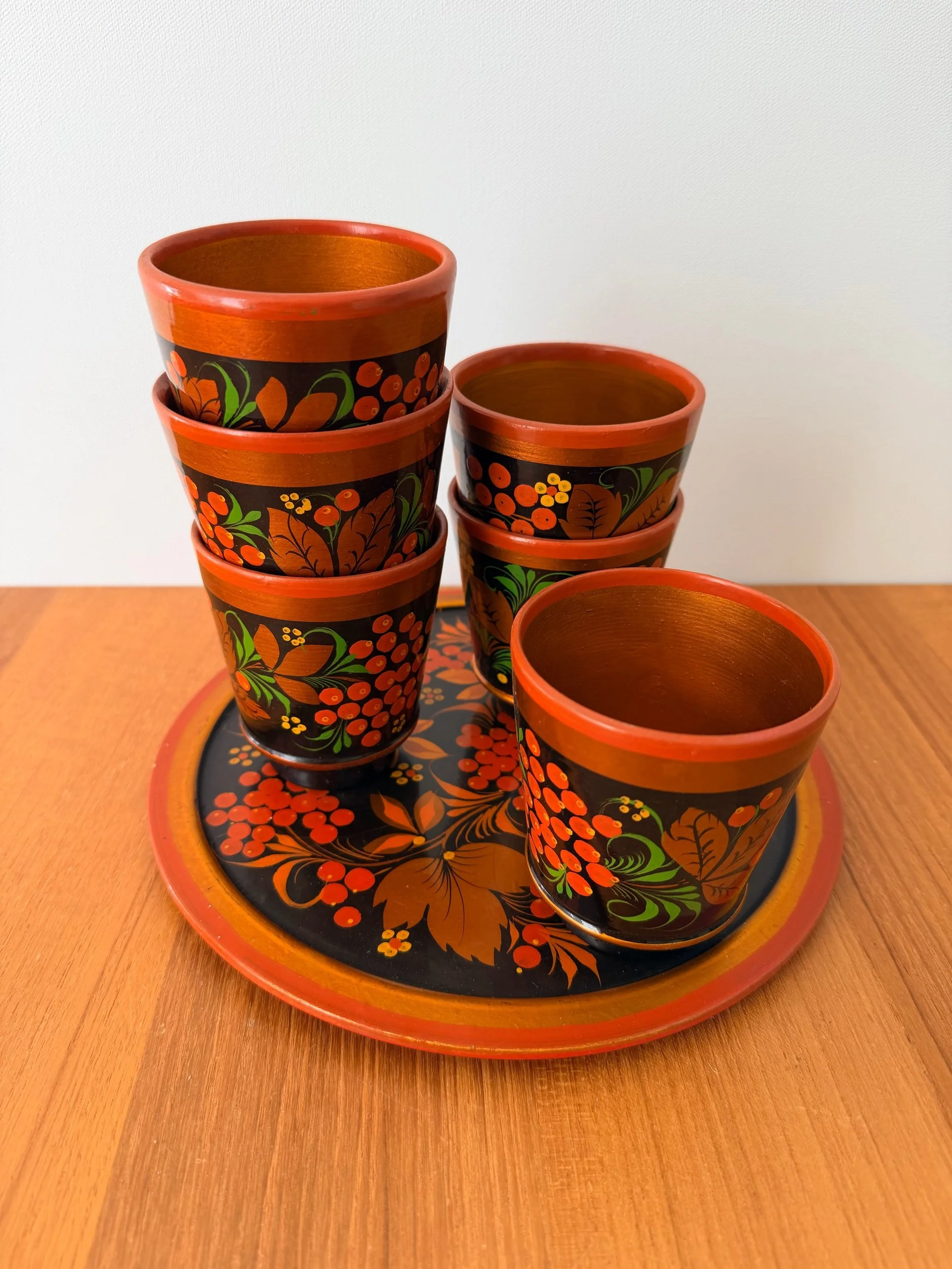 vintage set of Russian folk cups & tray