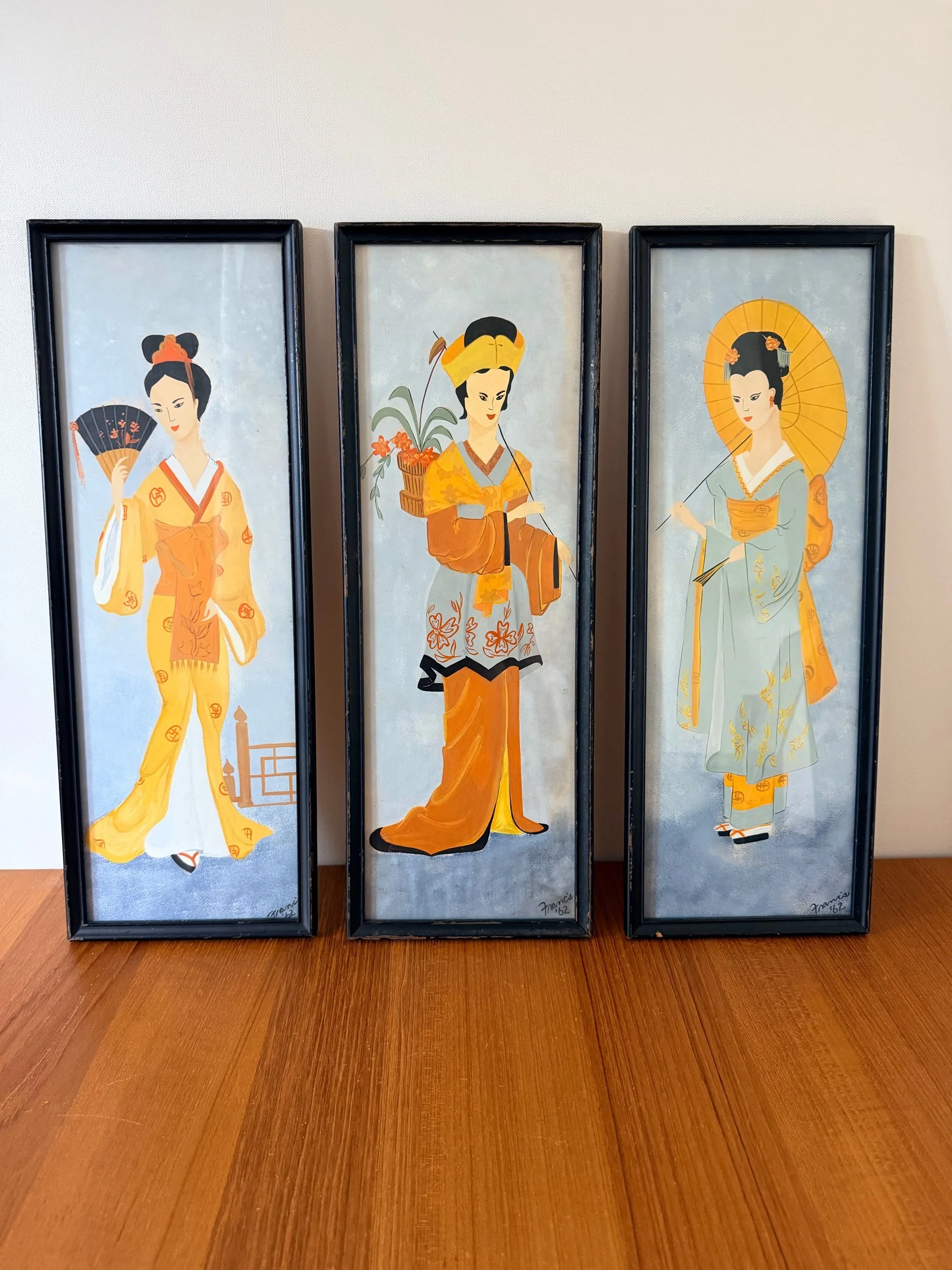 3 vintage paintings of women in kimonos