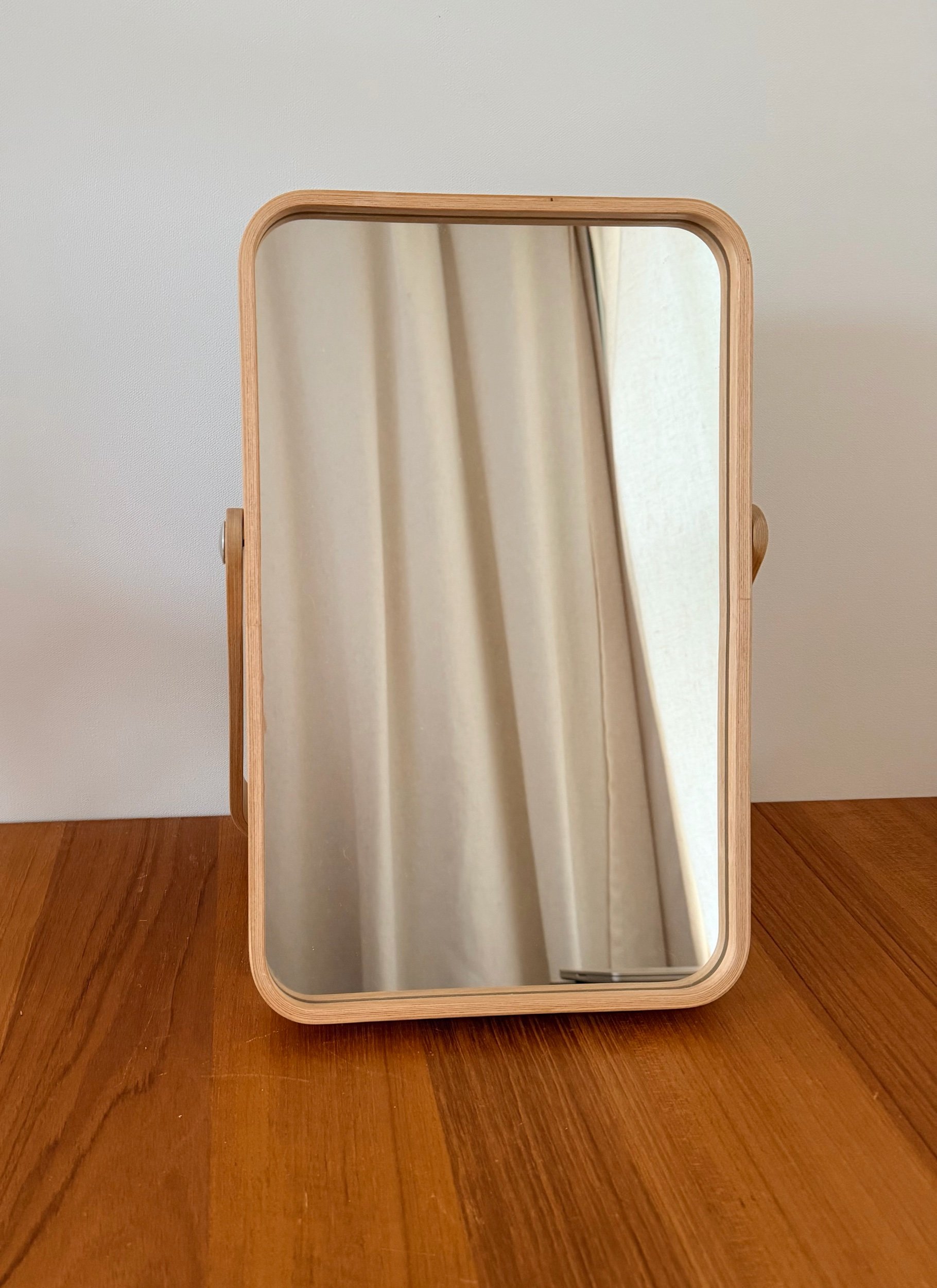 blond wood mirror with stand