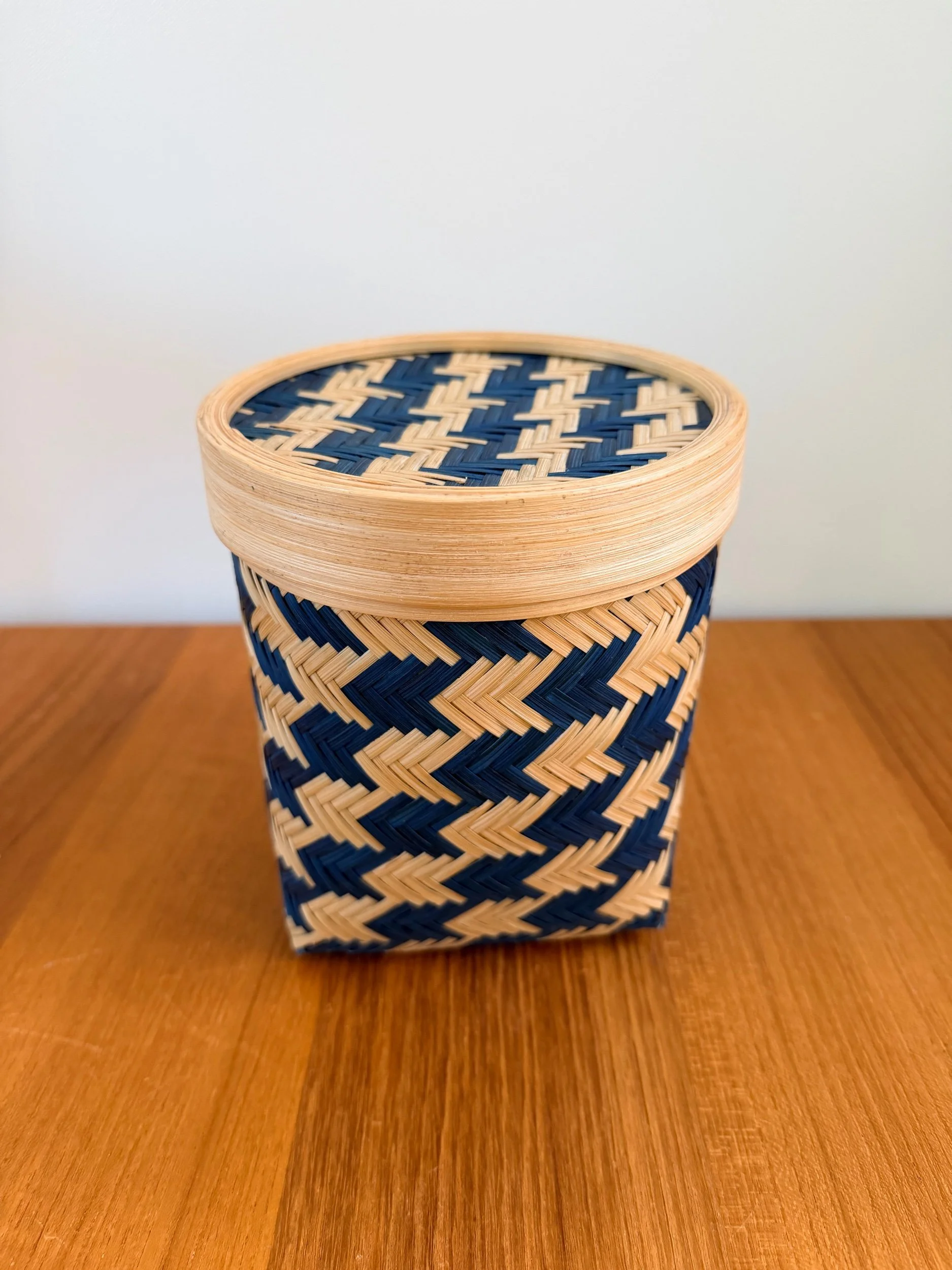 blue & tan basket with lid