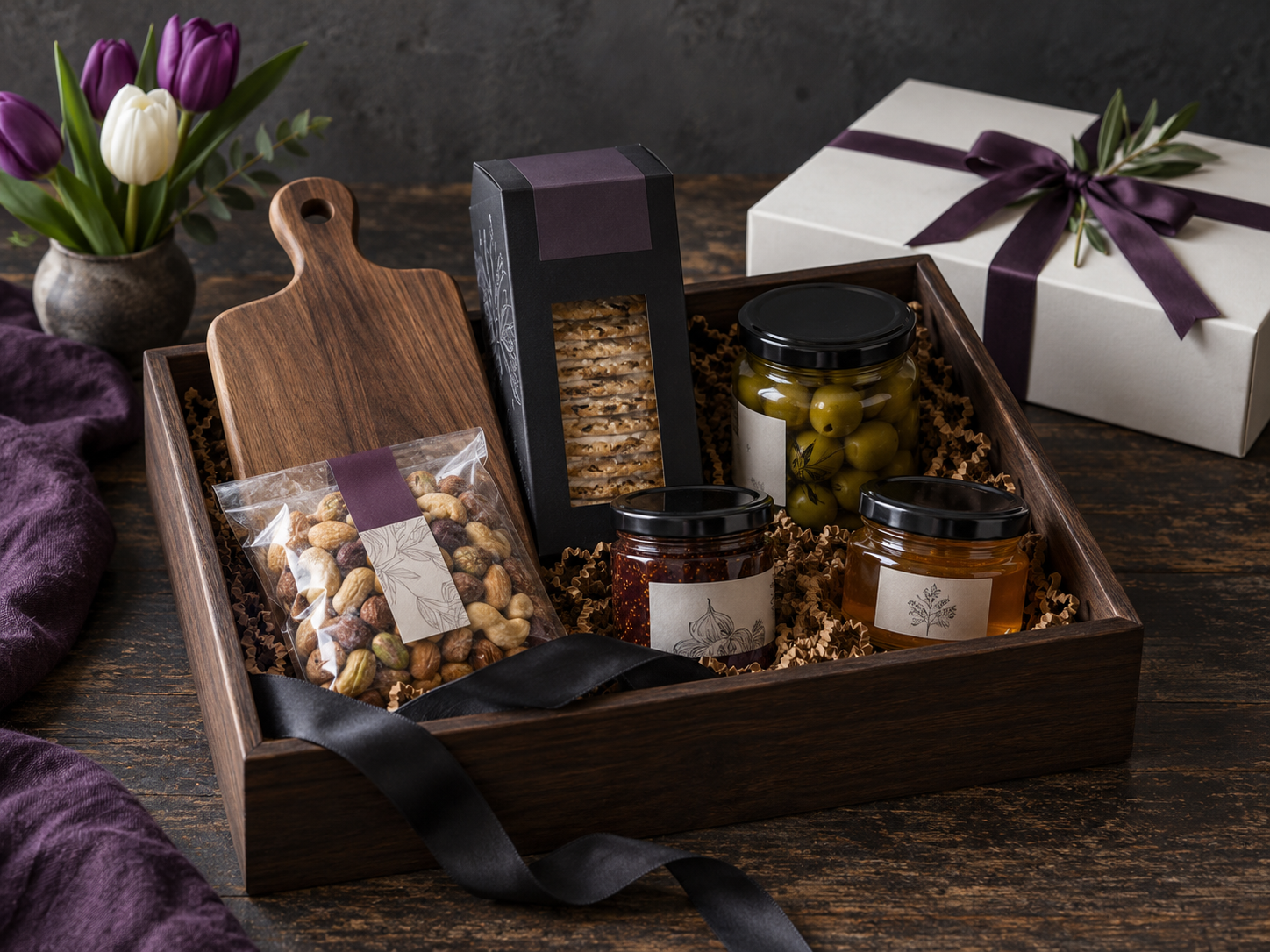 Elegant gourmet gifts with purple tulips and dark wood presentation