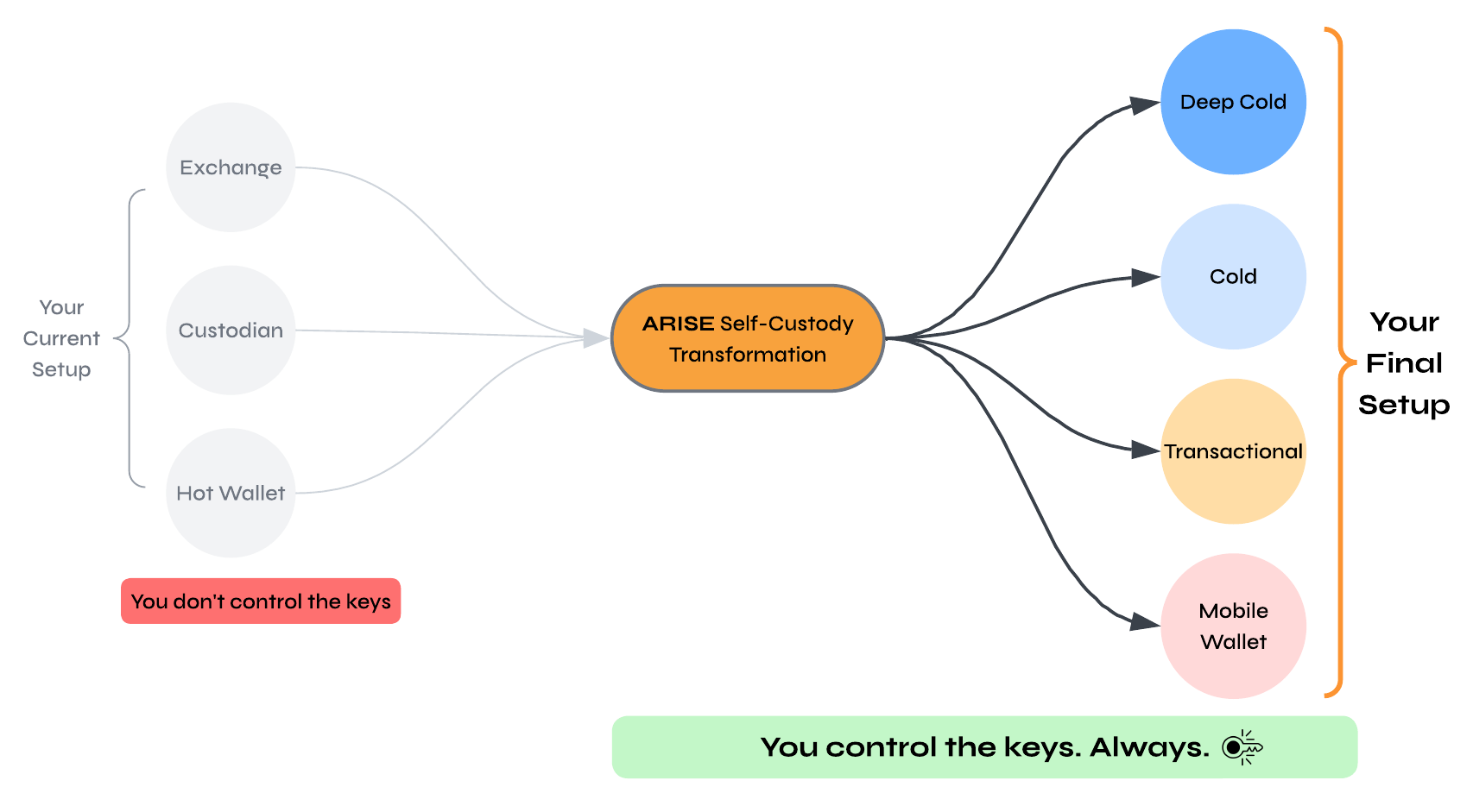Flowchart illustrating ARISE Self-Custody Transformation process starting from your current setup, including exchange, custodian, and hot wallet. The process results in deep cold, cold, transactional, and mobile wallet options. A note in pink states, 'You don't control the keys,' and a green box at the bottom says, 'You control the keys. Always.'