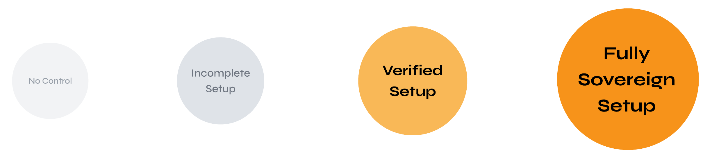 Flowchart showing four stages of setup: No Control, Incomplete Setup, Verified Setup, Fully Sovereign Setup.