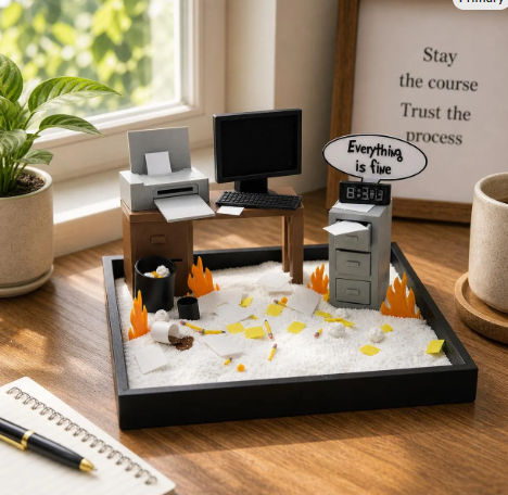 Chaos Coordinator zen garden desk decor with miniature office chaos scene and funny coworker gift theme