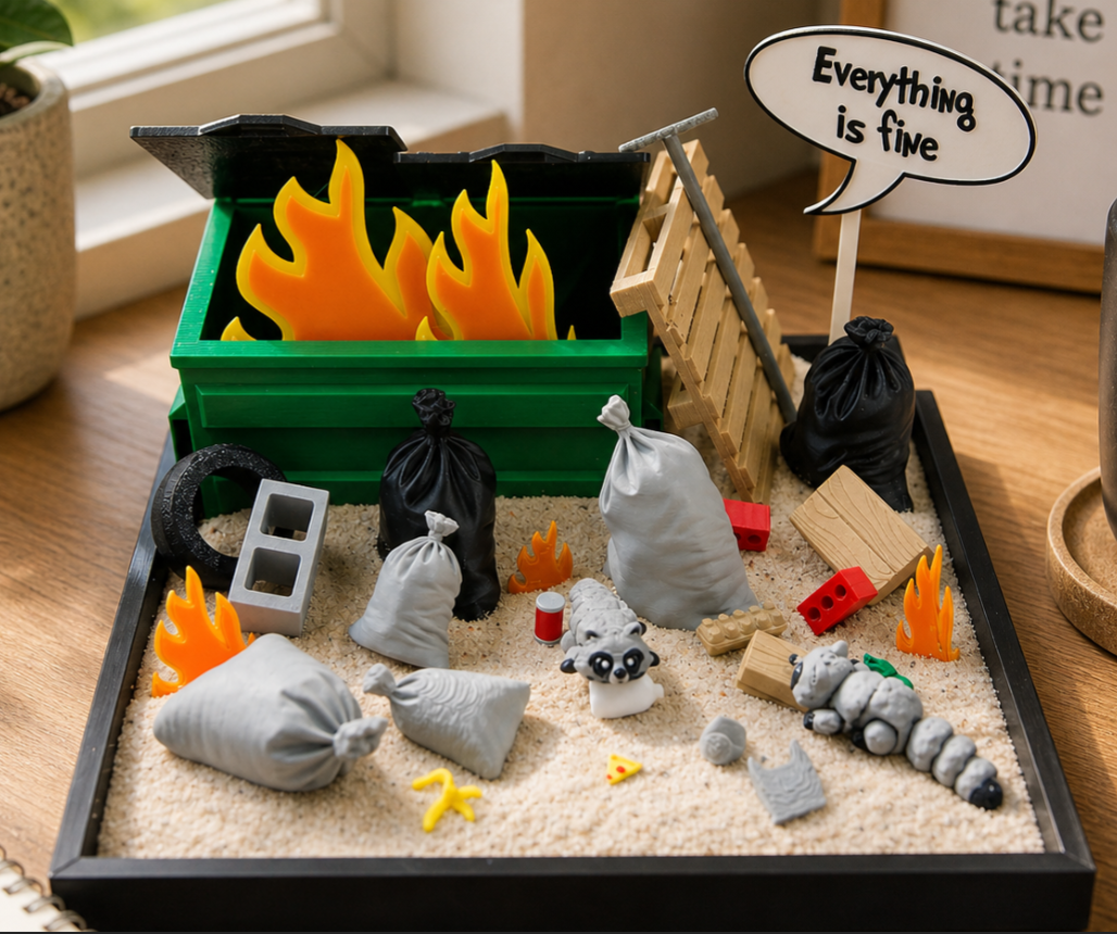 Dumpster fire zen garden desk decor with miniature chaos scene and funny office humor