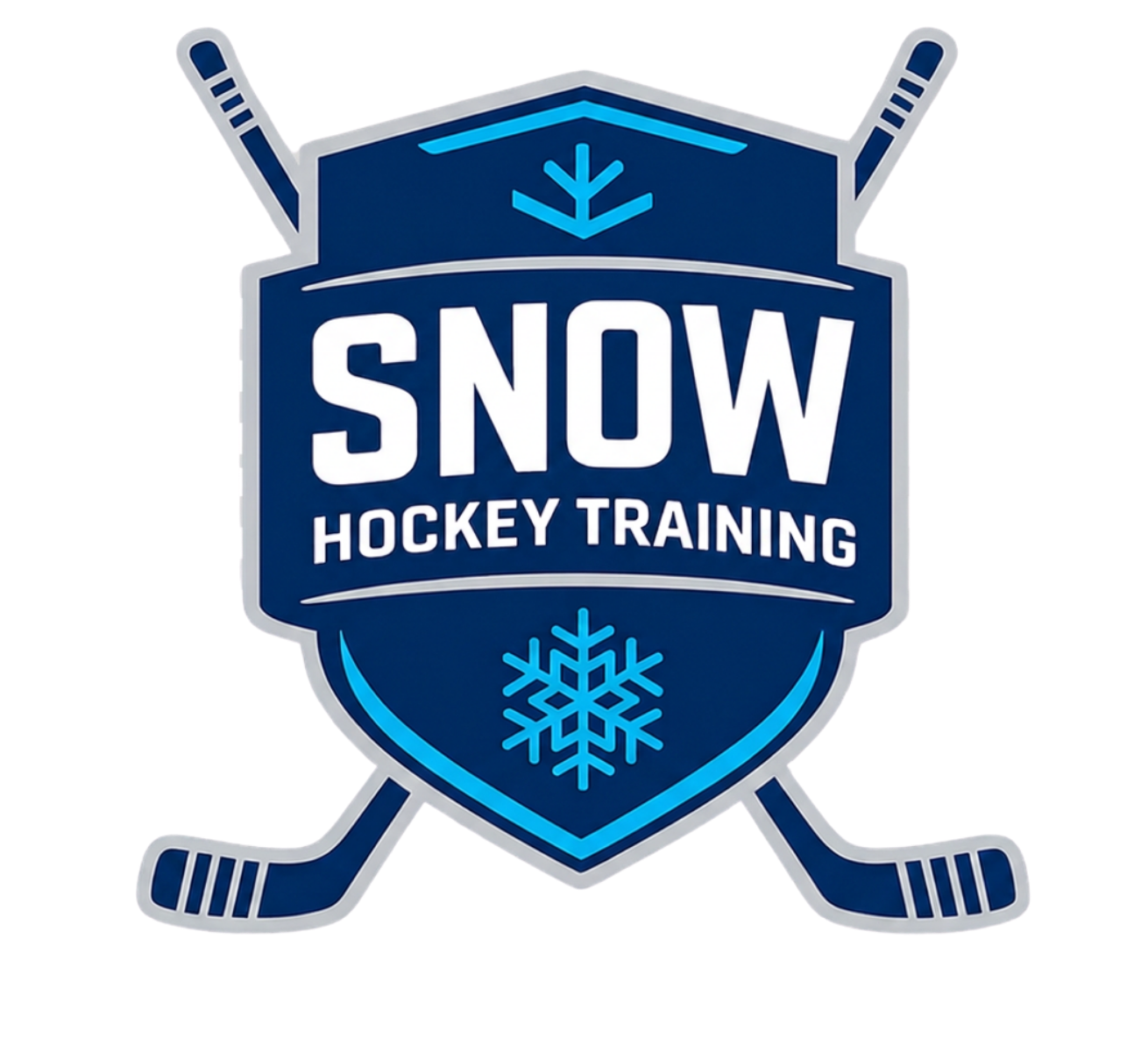 Blue badge with snowflake, two hockey sticks crossed, and text 'SNOW Hockey Training'