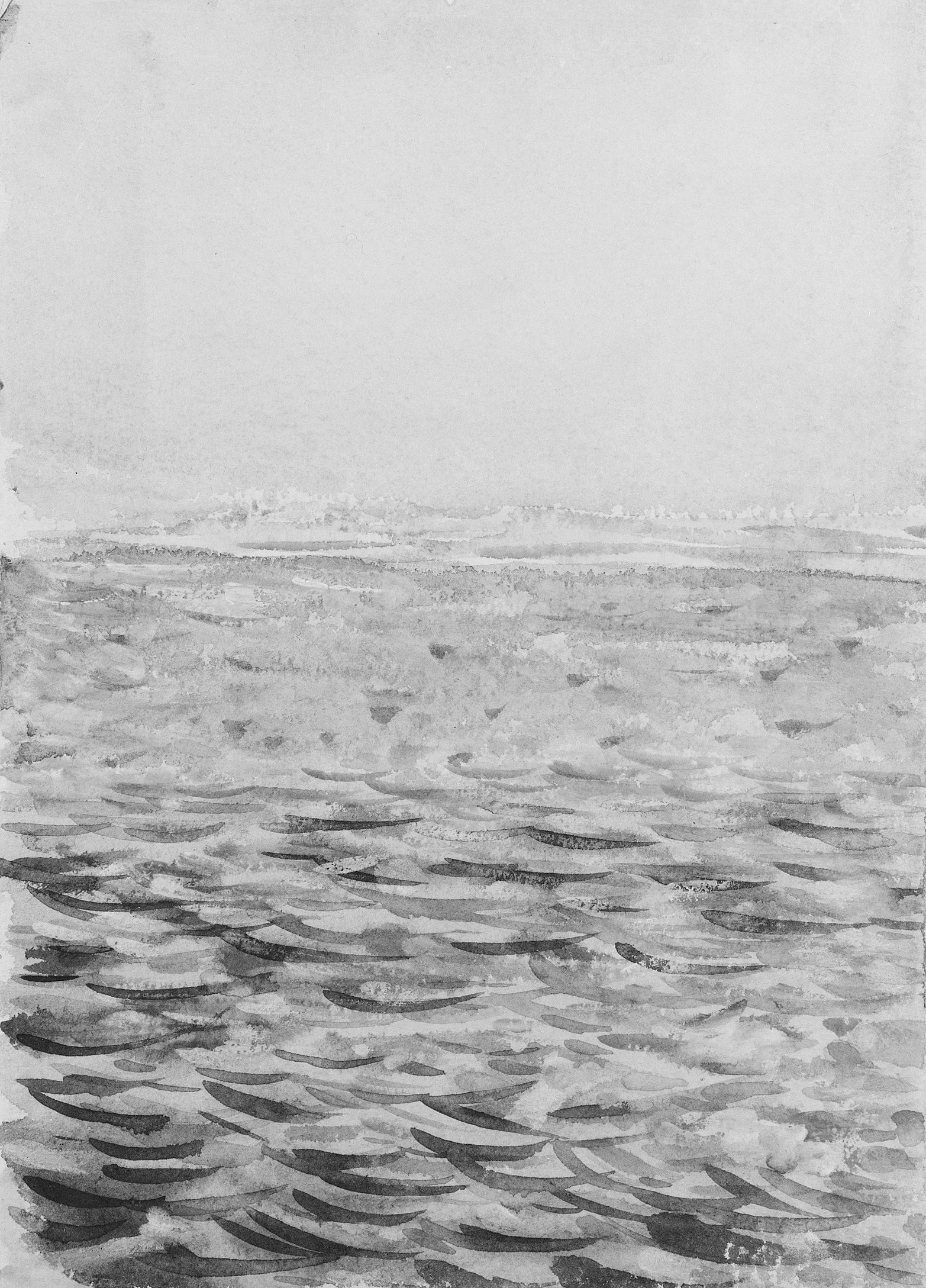 A grayscale watercolor painting of a calm body of water with gentle ripples, with a foggy or misty atmosphere and no visible landmarks or objects.