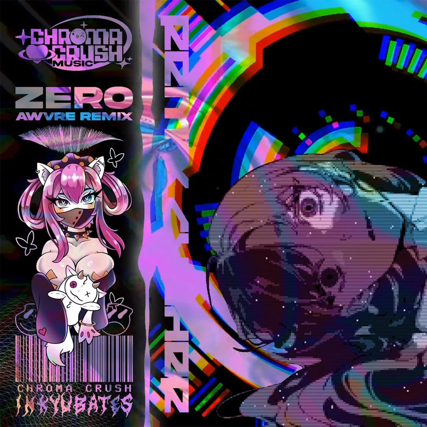 Glitch-art cover for 'Zero (AWVRE Remix)', Chroma Crush Music. Split design: pink-haired catgirl with mask and horned companion on left; distressed anime girl's face (Ado) in rainbow glitch style on right. Art by Inkyubates, design by Kawaii Club.