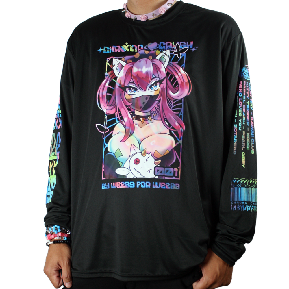Black long-sleeve shirt on model, front view. Chest print: 'Chroma Crush' above pink-haired catgirl with mask and horned companion, '001', 'By Weebs For Weebs' below. Sleeve lists artists, barcode. Art by Inkyubates, design by Kawaii Club.
