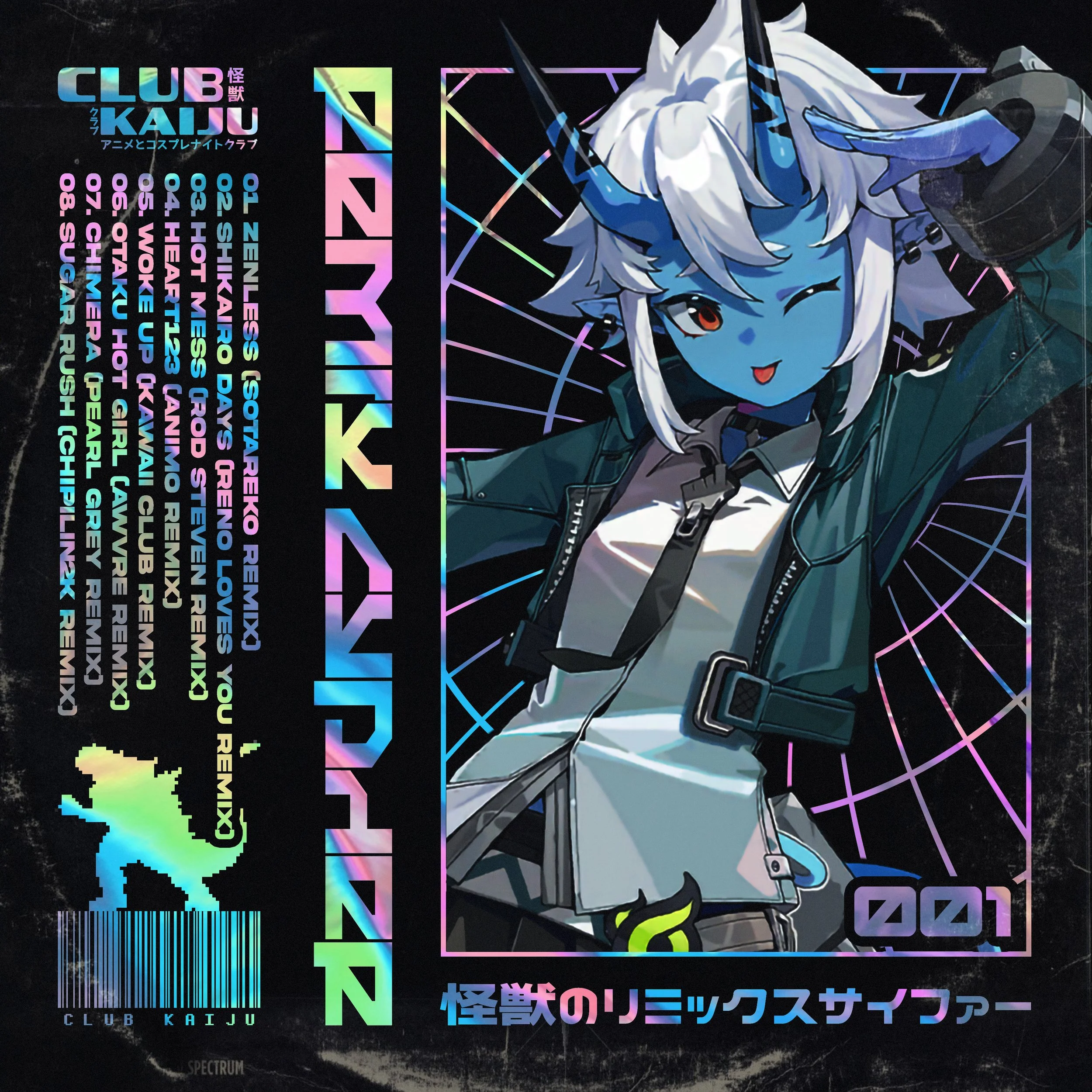Zenless Zone Zero x Tiesto - Zenless (Sotareko Remix) - Anime-style album cover featuring a blue-skinned horned character with white hair and headphones, framed by neon web graphics and holographic rave-inspired typography.
