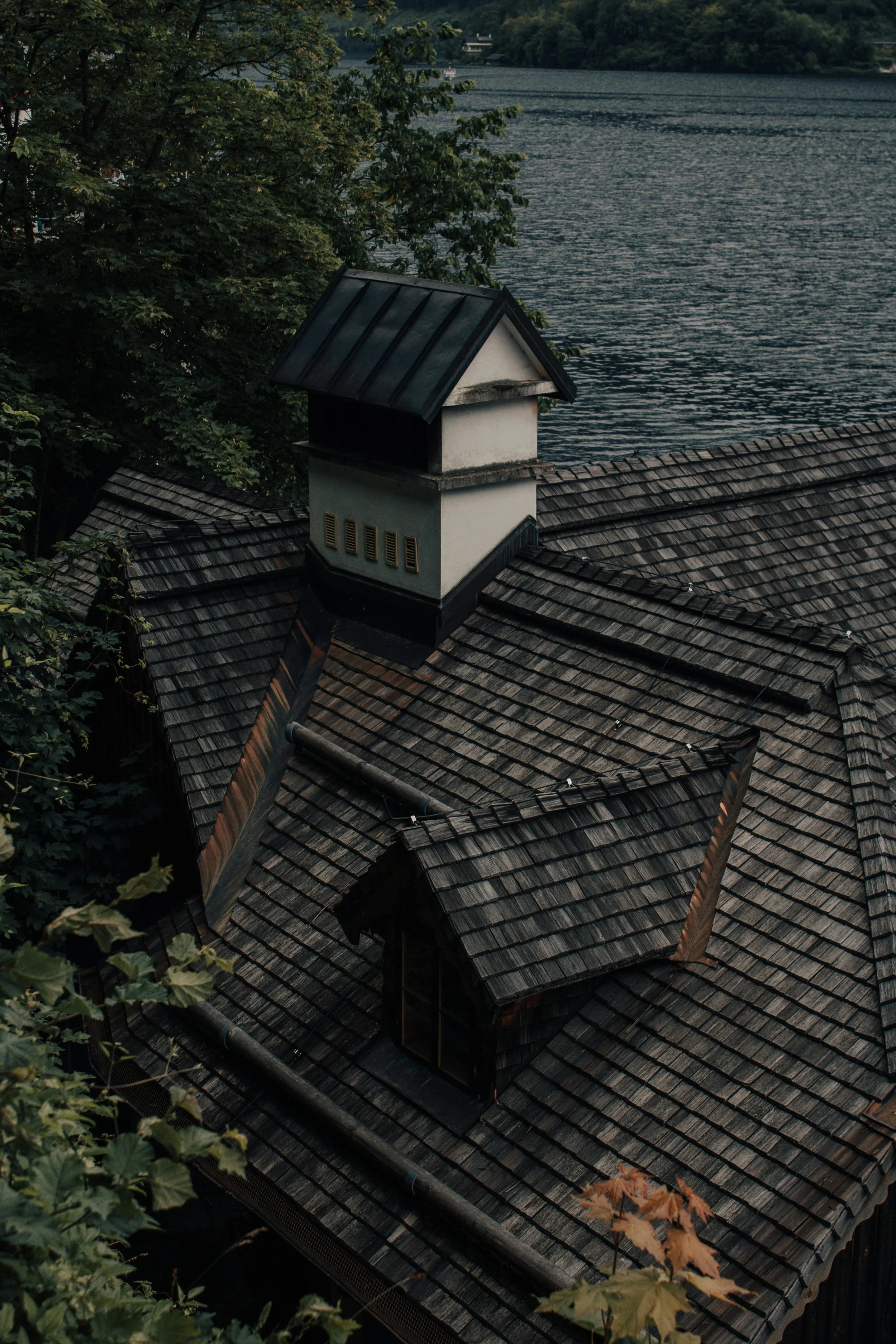 A view of a house roof with a chimney and a lake in the background, surrounded by green trees.