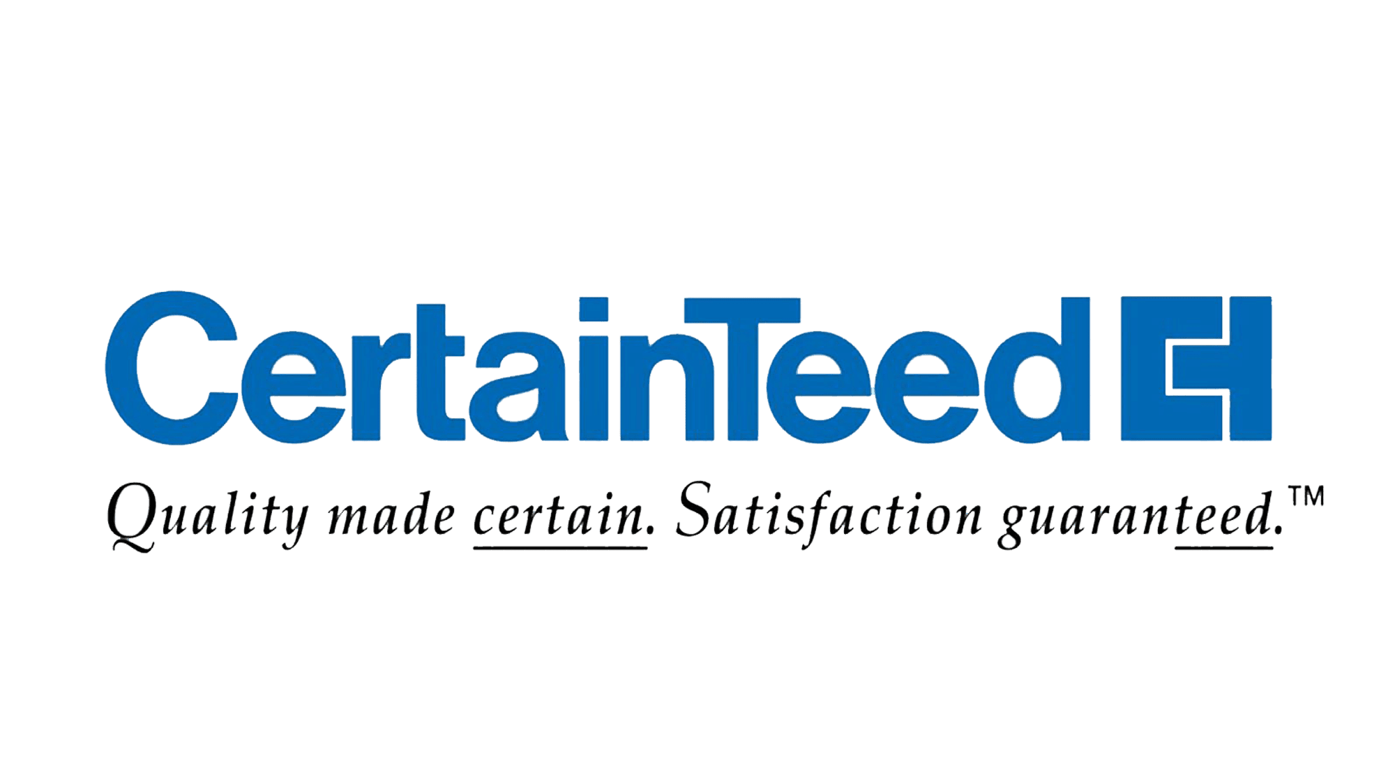 Logo for CertainTeed with the tagline 'Quality made certain. Satisfaction guaranteed.'