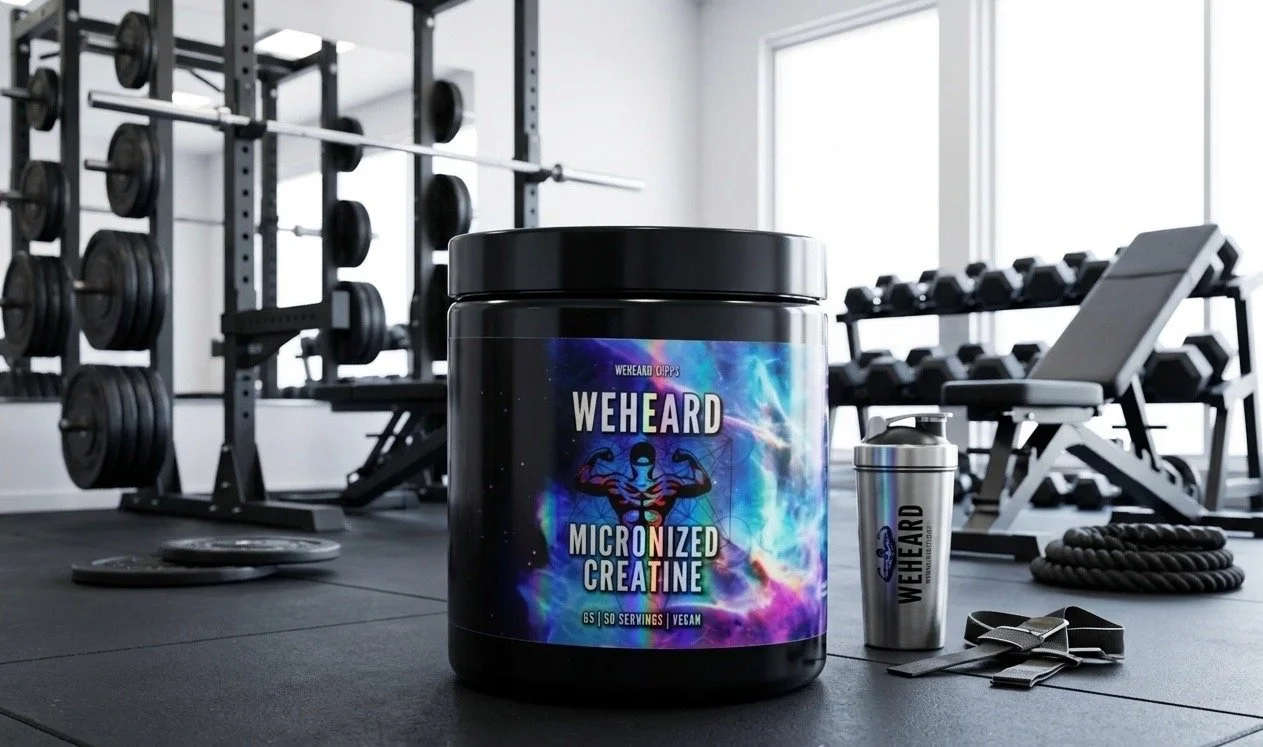 Container of WeHeard micronized creatine, a stainless steel shaker bottle, and workout straps on a gym floor with weightlifting equipment in the background.