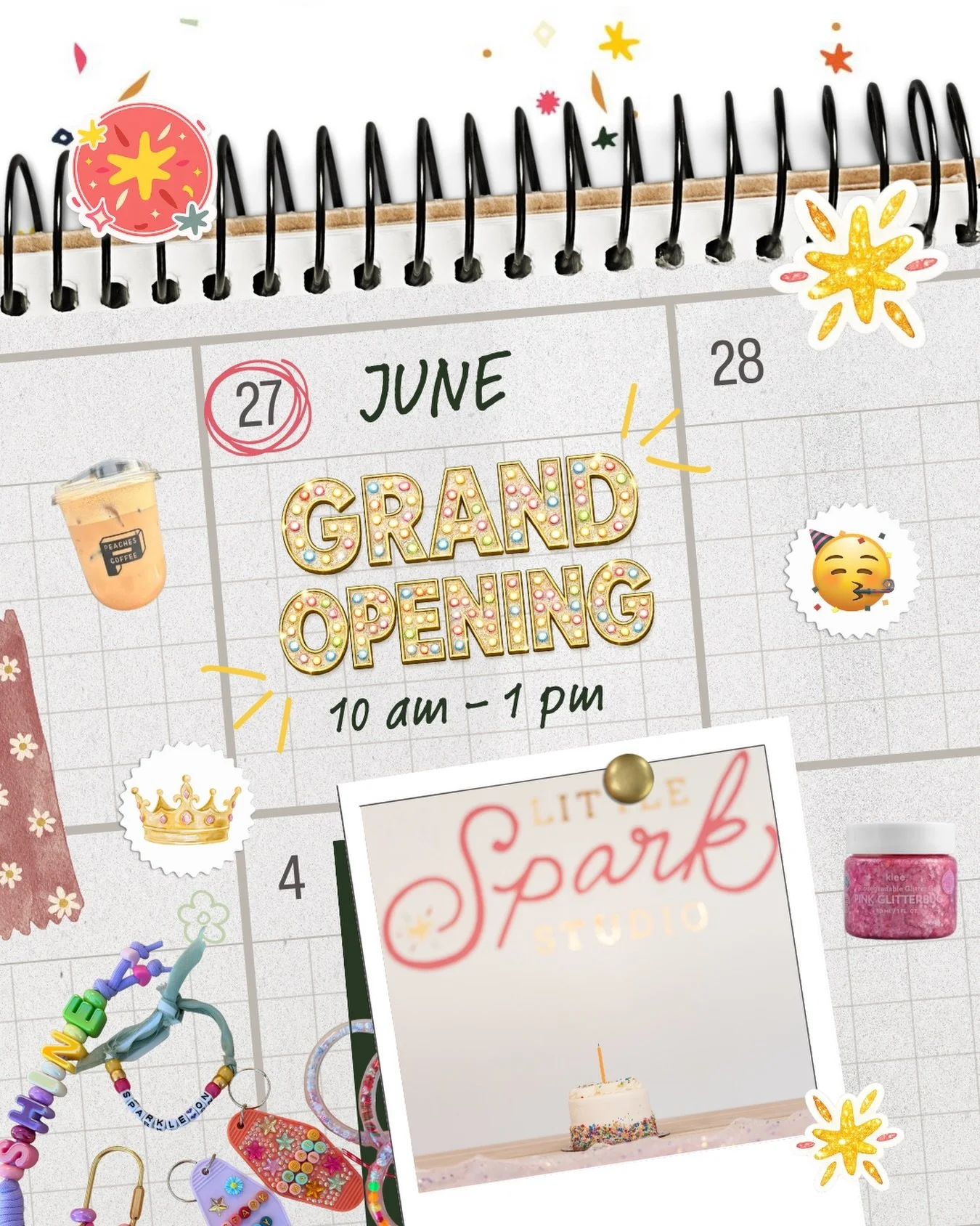✨ GRAND OPENING ✨

Join us at Little Spark Studio on Saturday, June 27th from 10:00 AM&ndash;1:00 PM!

🎟️ $15 per child | Adults FREE

Reserve your time slot and come explore everything Little Spark has to offer:

☕ Coffee provided by Peaches Coffee