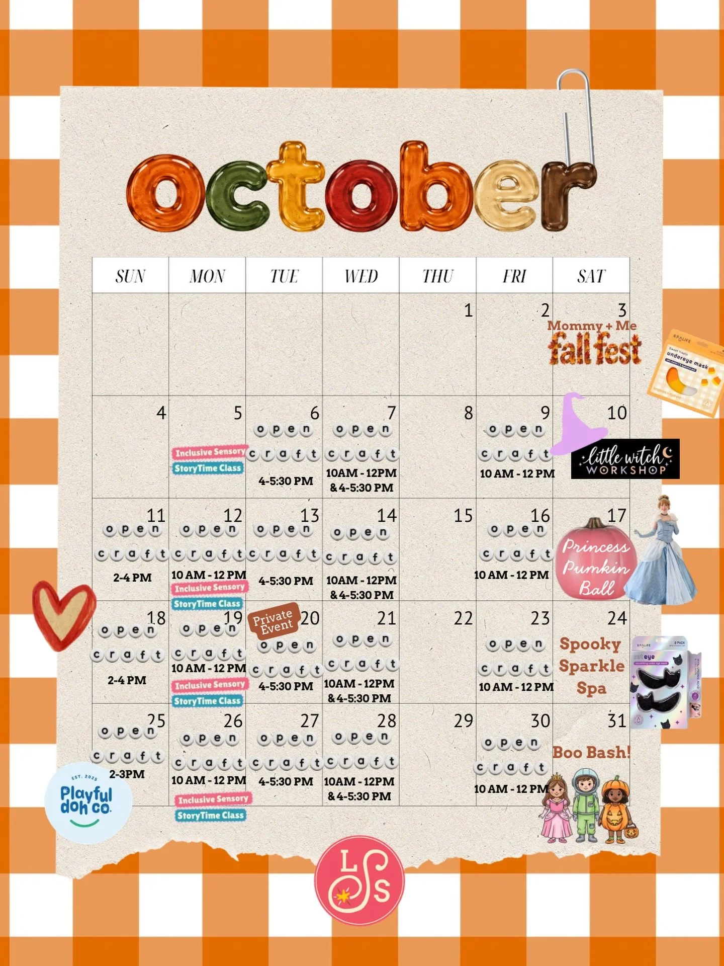 October is packed with so much fun at Little Spark Studio! 🍂✨

Join us for open craft, sensory + storytime classes, Mommy + Me Fall Fest, Princess Pumpkin Ball, Little Witch Workshop, Spooky Sparkle Spa, Boo Bash + more!

🍁 New Open Craft &amp; Pla