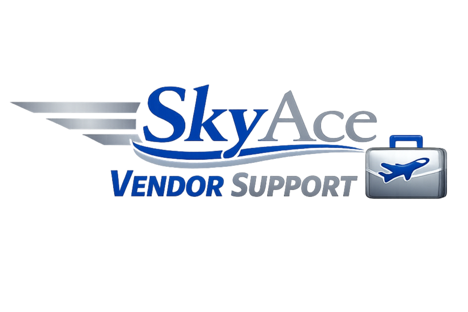 Logo of SkyAce Vendor Support featuring stylized wings, the text 'SkyAce' in blue and gray, and a silver briefcase with a blue airplane symbol.