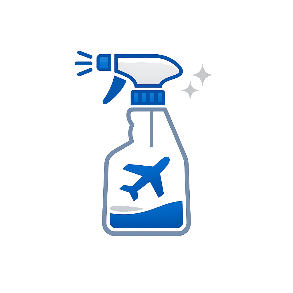 A spray bottle with a blue airplane symbol inside and sparkling effects on the nozzle, indicating cleaning or disinfecting aircraft.