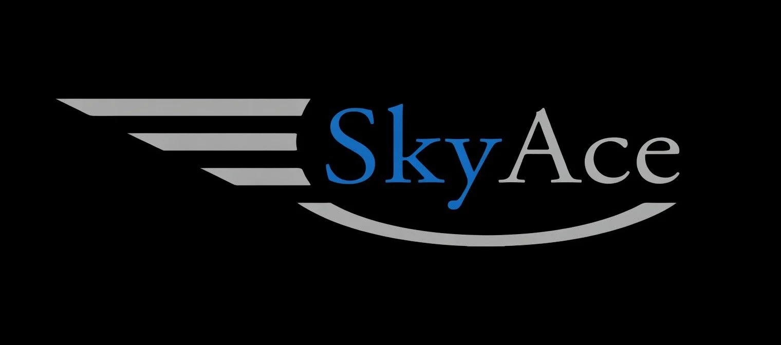 Sky Ace logo with stylized wings and text in blue and gray on a black background