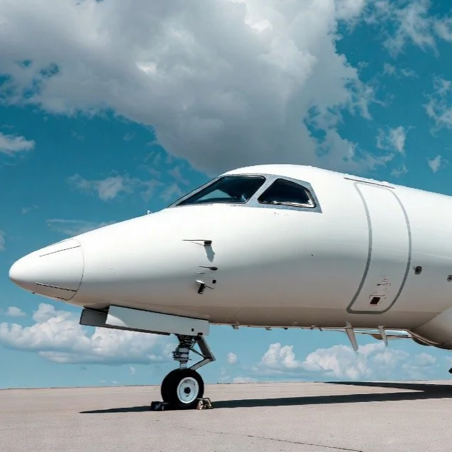 A close-up view of the front section of a white private jet airplane parked on the tarmac under a sky with clouds.