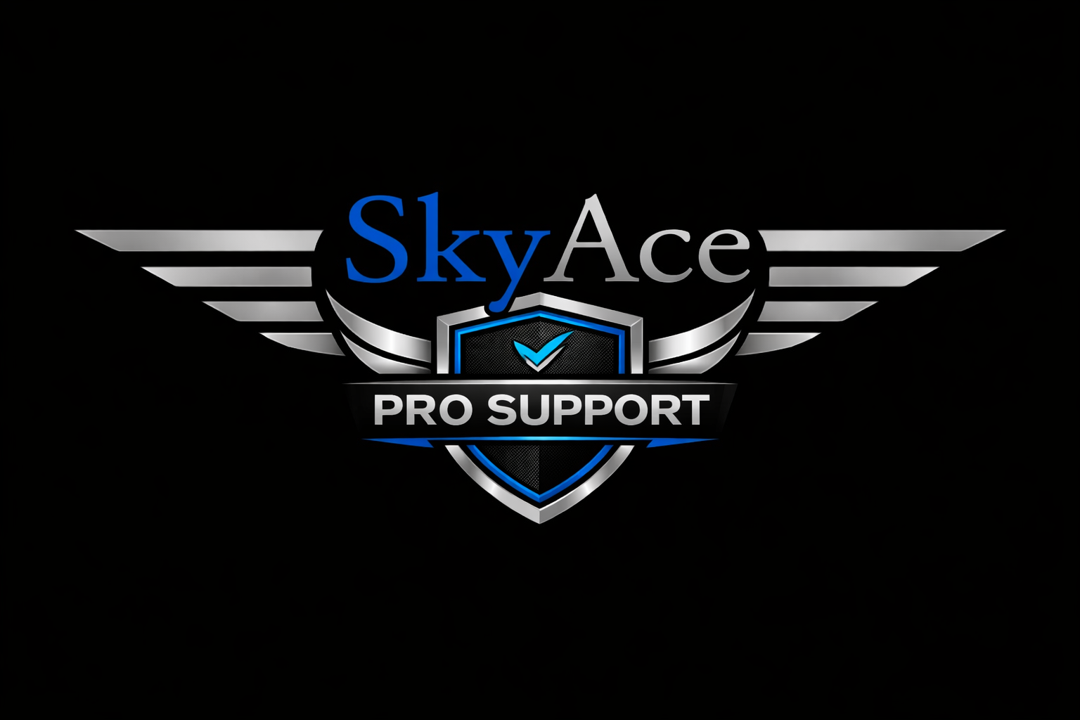 Logo for SkyAces Pro Support featuring a shield with a checkmark, wings, and bold text in blue, gray, and black.