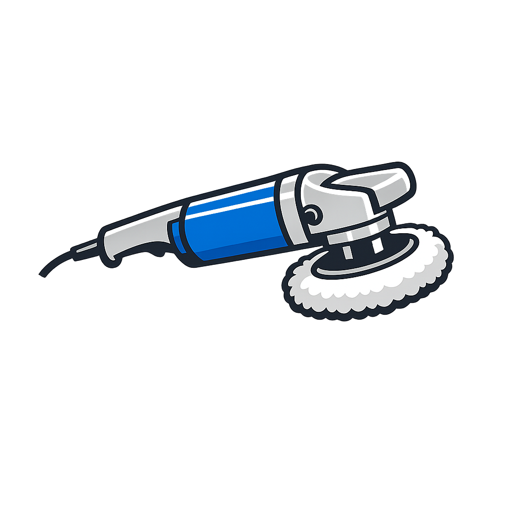 Illustration of an electric rotary polisher or buffer with a blue body and a fluffy white polishing pad.