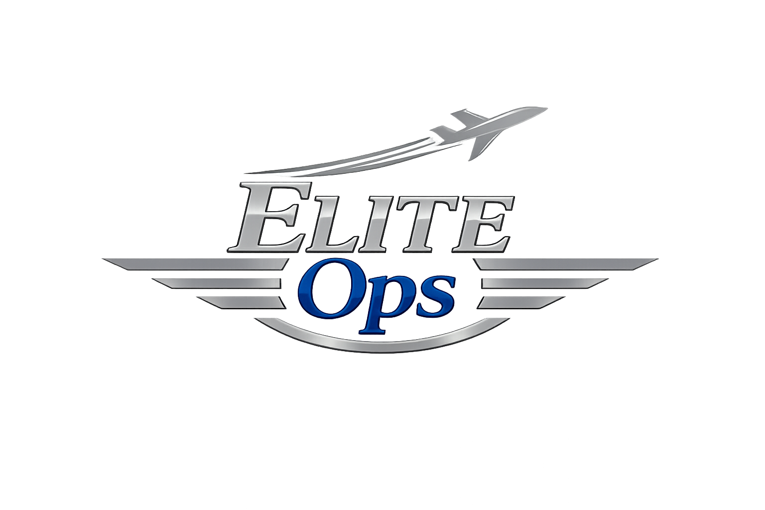 Logo for Elite Ops featuring a silver aircraft above the word 'Elite' in metallic silver and 'Ops' in blue, with a stylized winged emblem.