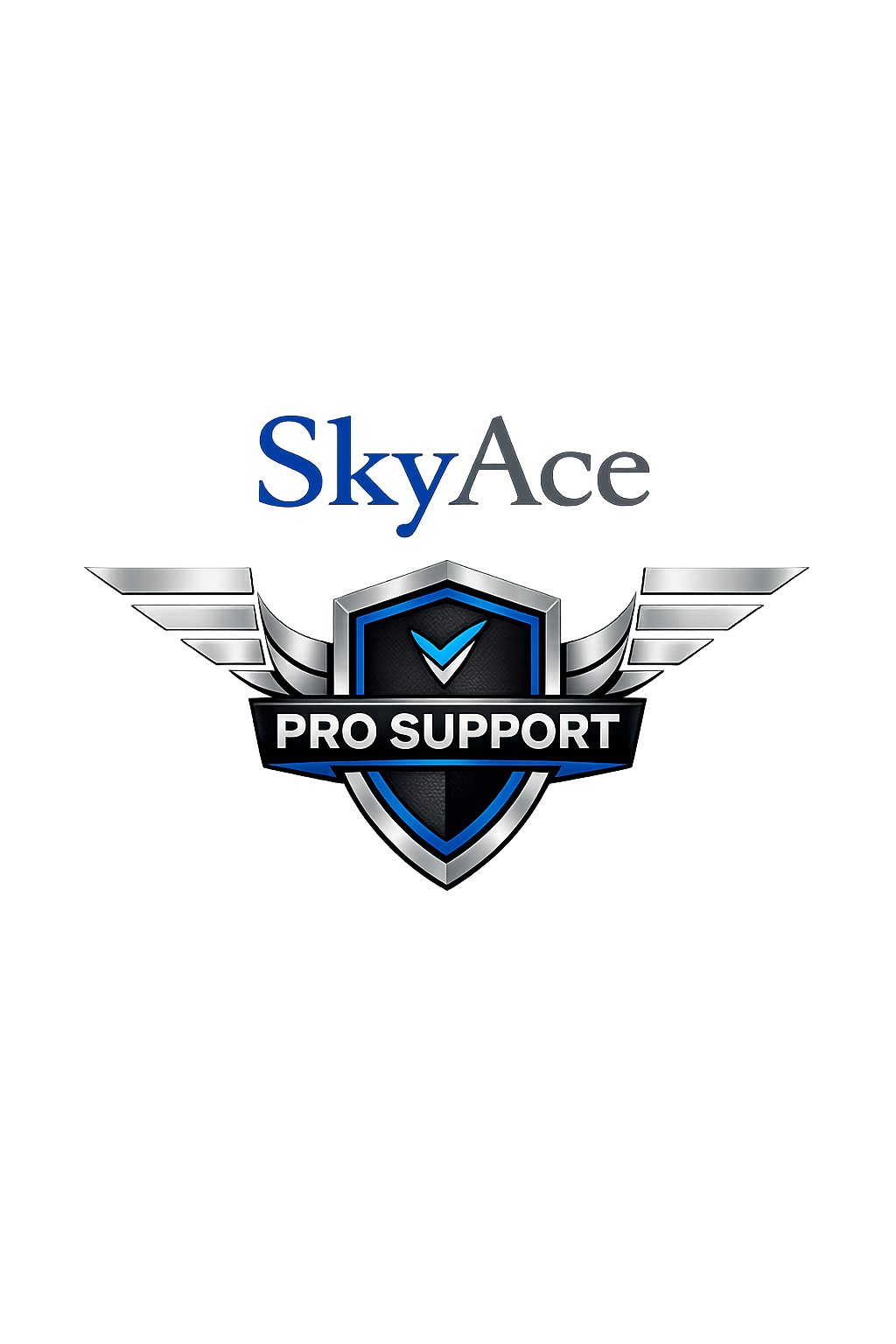 A digital graphic with the text 'SkyFace PRO SUPPORT' and a shield emblem with a checkmark, wings, and vibrant colors, against a background of colorful, abstract lines and shapes.