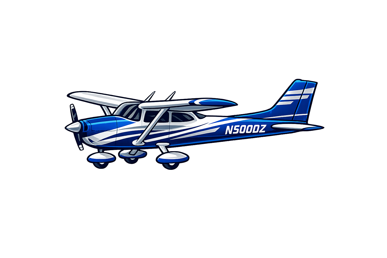 A cartoon-style illustration of a small blue and white airplane with the registration N500DZ, flying in front of a city skyline with skyscrapers and colorful lights.