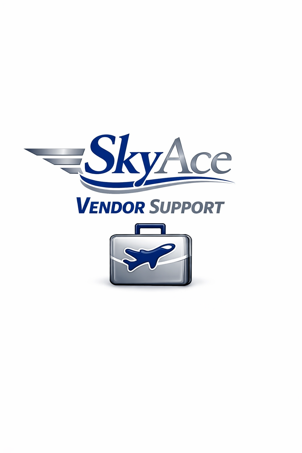 Logo for SkyAce Vendor Support featuring a stylized airplane icon on a briefcase.