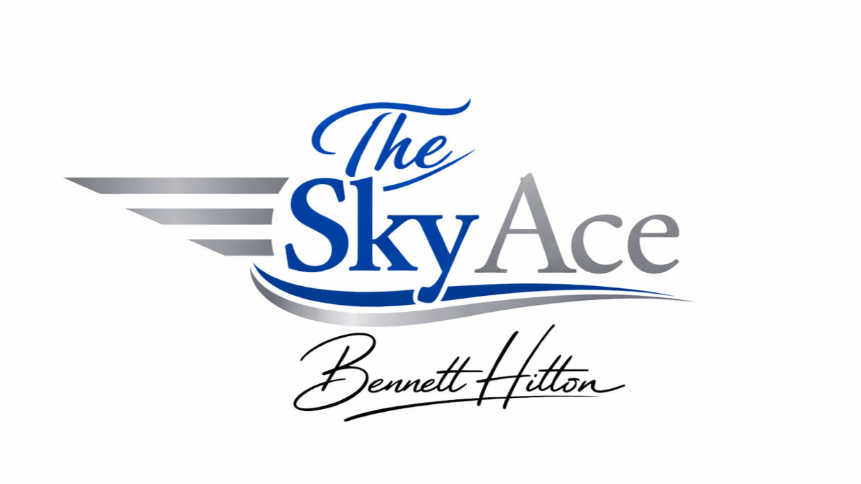 Logo for The Sky Ace Bennett Hilton, featuring stylized blue and gray wings, the text 'The Sky Ace' in large font, and 'Bennett Hilton' in cursive