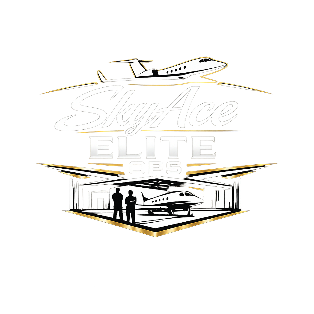 Logo for SkyAces Elite Ops featuring a private jet, a hangar with a jet inside, and two people standing in front. The logo has gold and white accents on a black background.