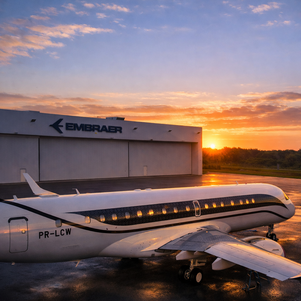 A private jet with the registration PR-LCW parked on the tarmac at sunset, with an Embraer hangar in the background under a colorful sky.