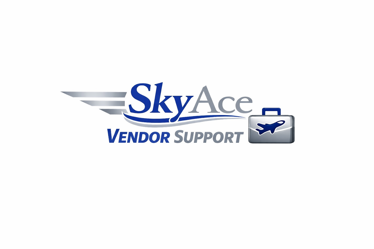 Logo for SkyAce Vendor Support featuring the words 'SkyAce' in large font with a stylized airplane and wing graphic, and a small carry-on suitcase icon with an airplane symbol.