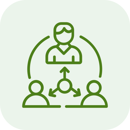 Icon of three people, with one person at the top connected by arrows to two others below, representing leadership or team management.