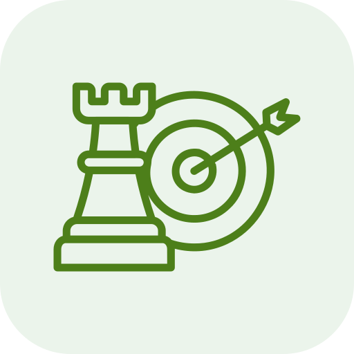 Outline of a rook chess piece beside a target with an arrow hitting the bullseye.