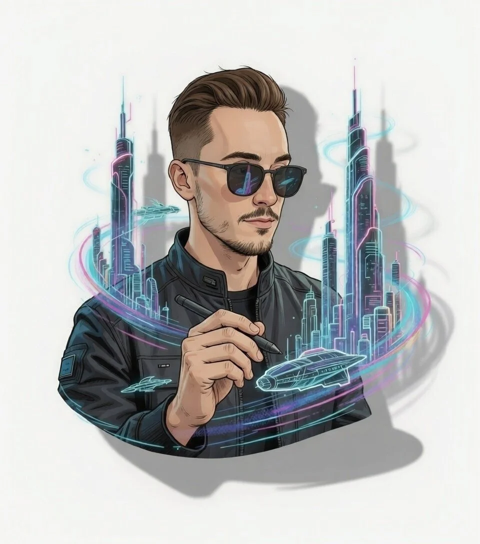 Digital illustration of a man with styled brown hair, wearing sunglasses and a black jacket, drawing a futuristic cityscape with a holographic pen, with flying cars and holographic skyscrapers in a sci-fi style.