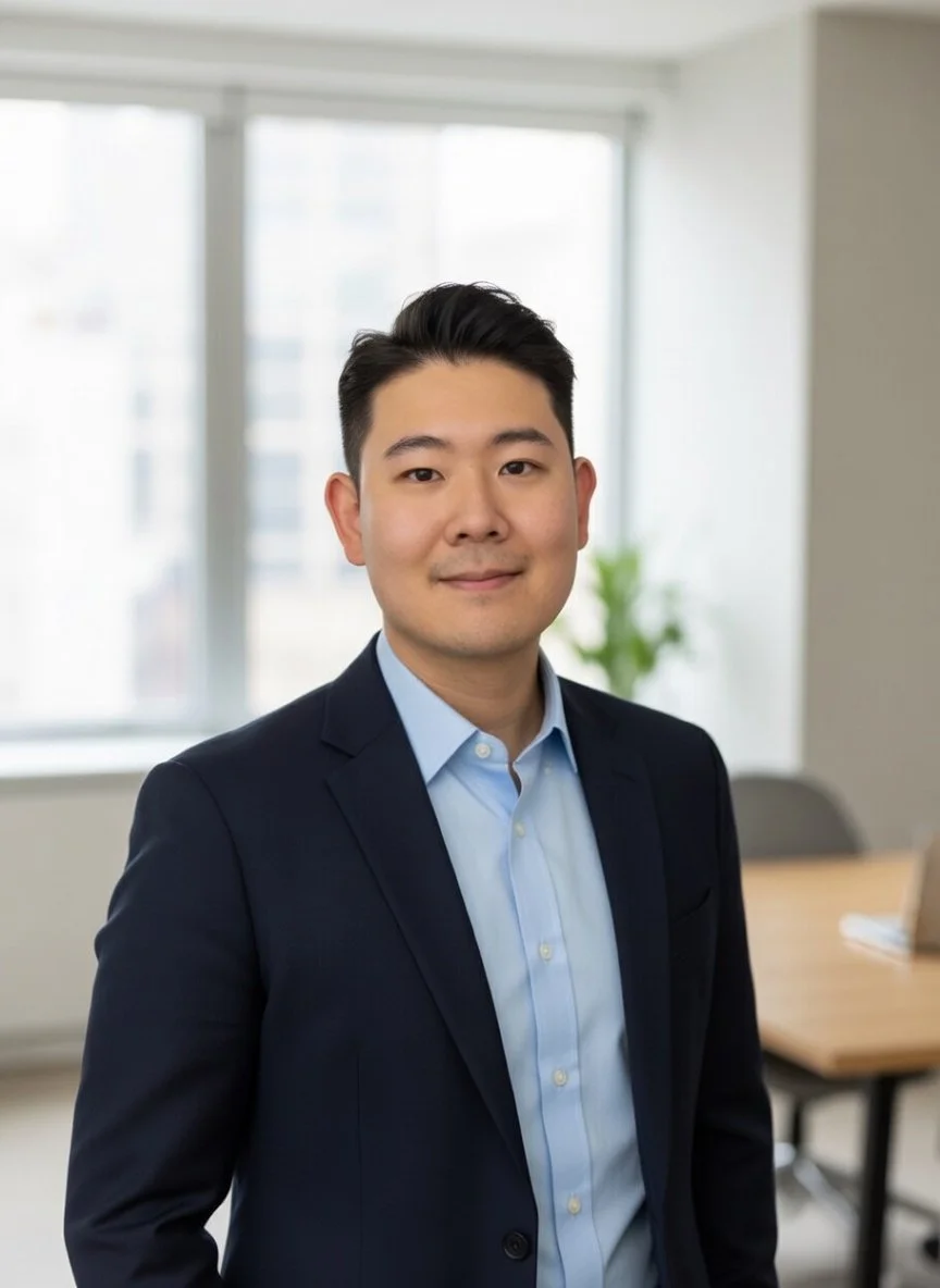 Professional man in a suit smiling in an office setting with large windows and a plant in the background.