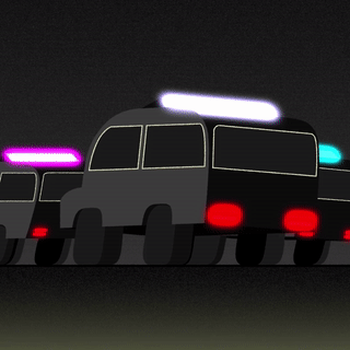 Car with illuminated lights at night, with purple, blue, and white lights on top.