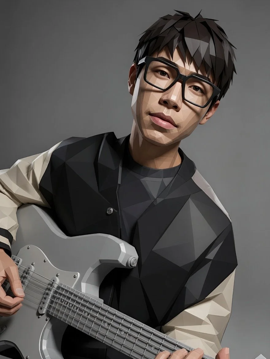 A young man with dark, spiky hair and black glasses plays an electric guitar against a gray background.