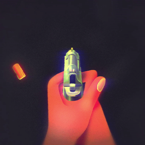 A hand holding a semi-automatic pistol with a bullet casing flying past in the background.