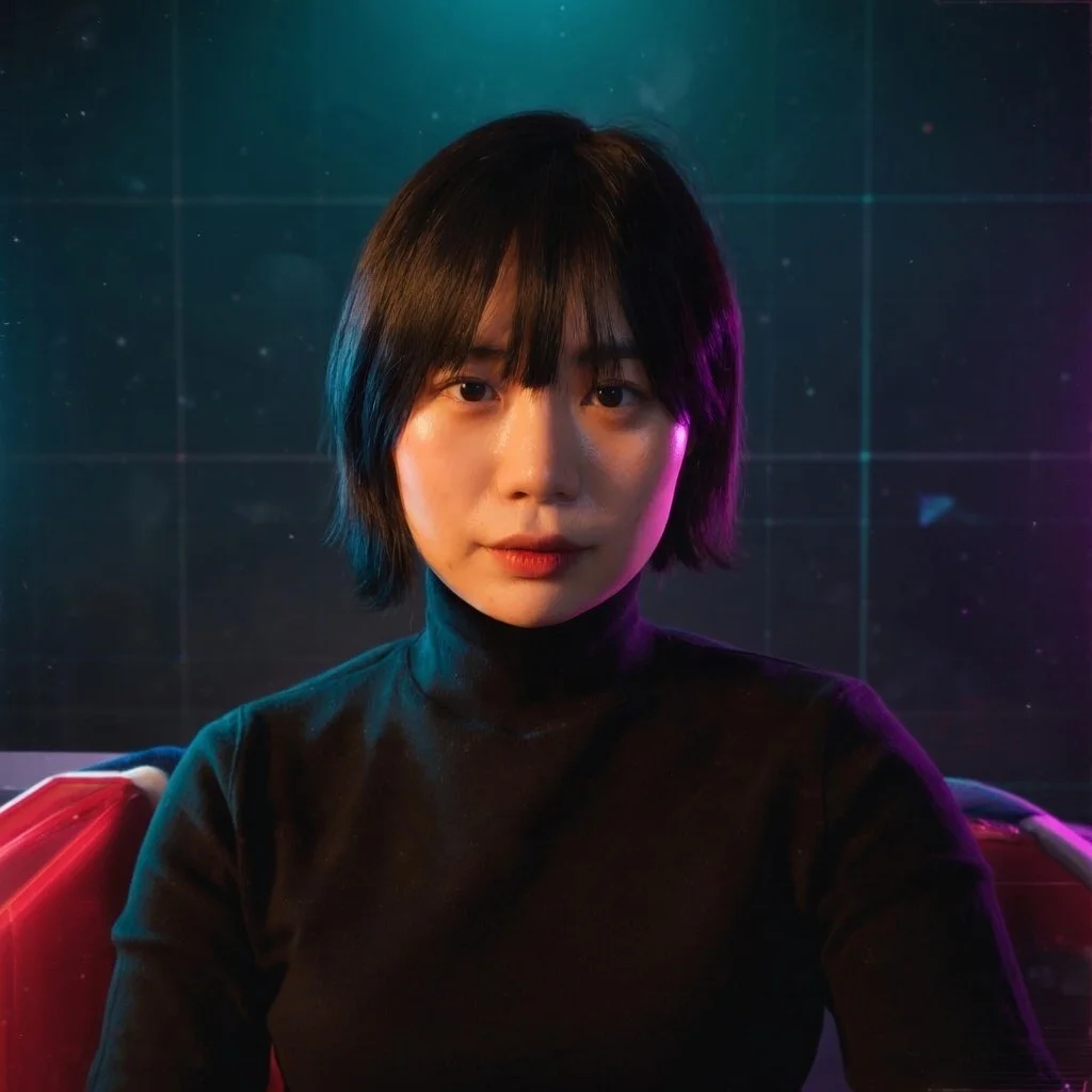A young woman with short black hair and wearing a black turtleneck, sitting in front of a dark background with colorful lighting.