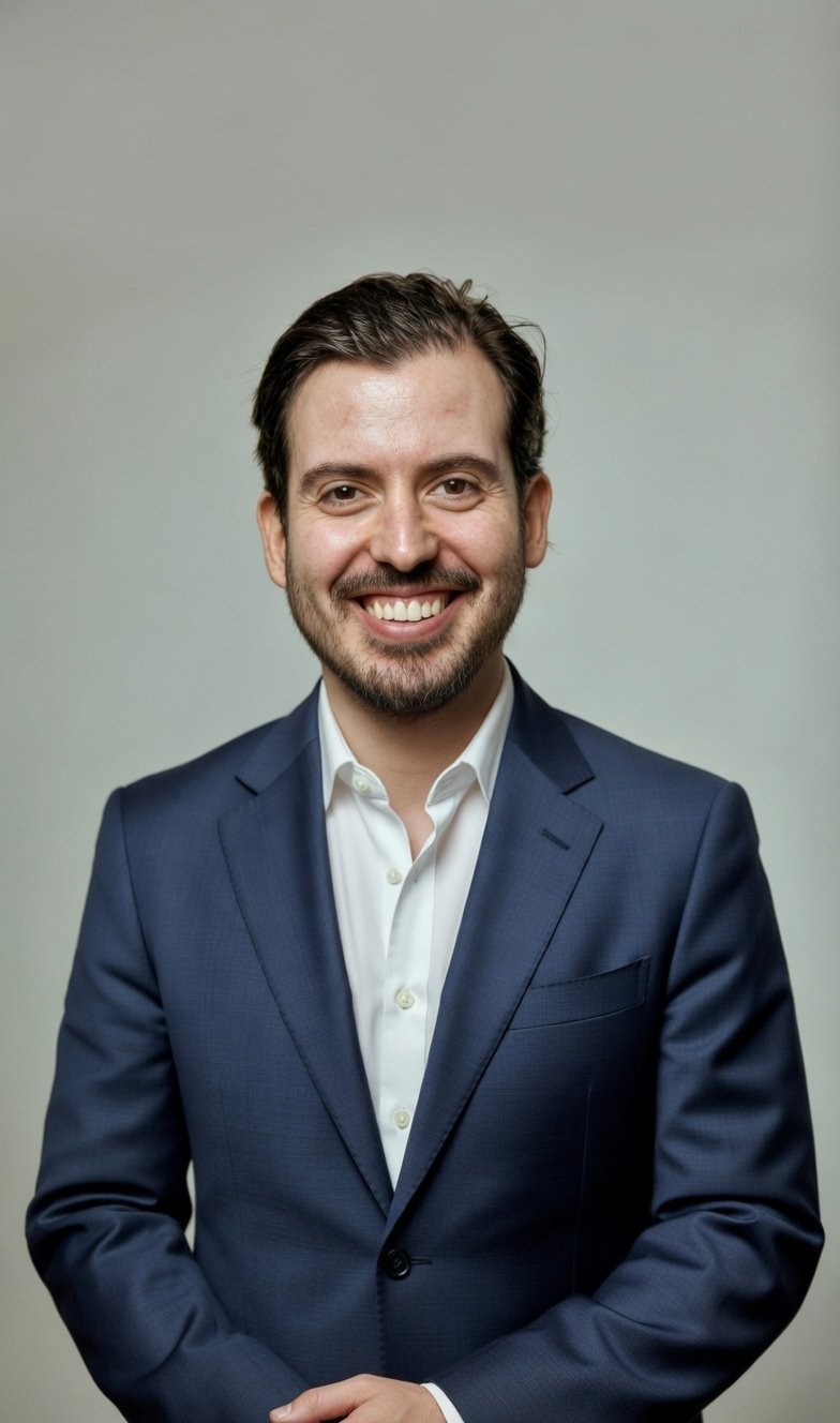 A smiling man in a navy blue suit and white shirt, standing against a plain background.