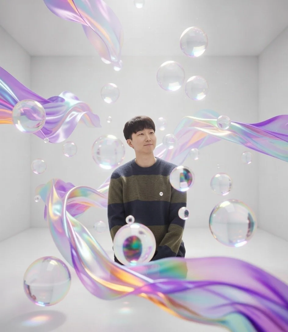 A person with short dark hair and a striped sweater kneeling in a room with swirling colors and floating soap bubbles.