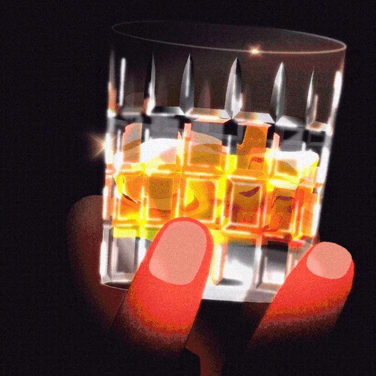 Hand holding a transparent cube with glowing yellow and orange geometric patterns inside, illuminated against a dark background.