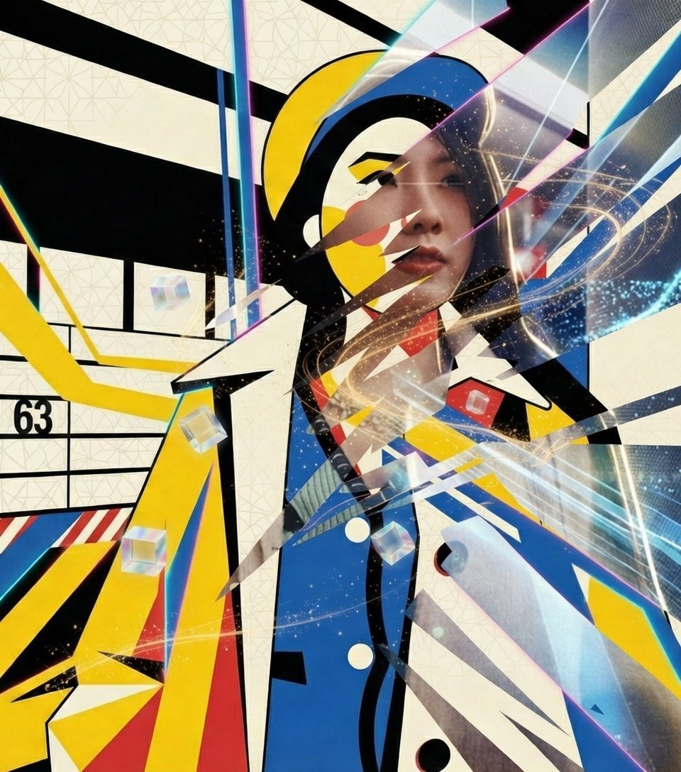 A vibrant abstract mural featuring a blended portrait of a woman with digital and geometric elements in bright colors like yellow, blue, red, and black. The artwork includes star-like sparkles and geometric shapes overlaying her face.