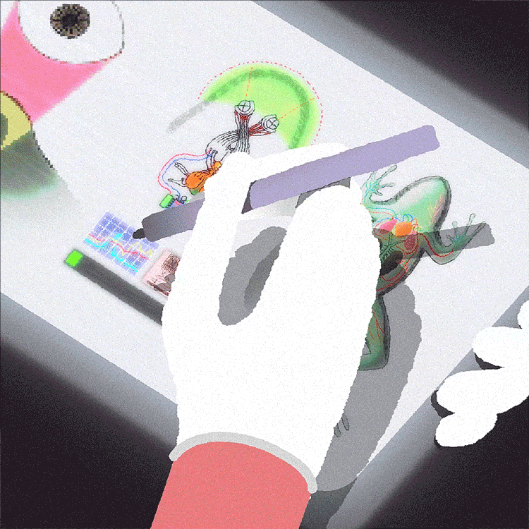 A hand with a white glove wearing a red sleeve drawing on a digital tablet with a stylus, depicting cartoon characters and abstract designs.