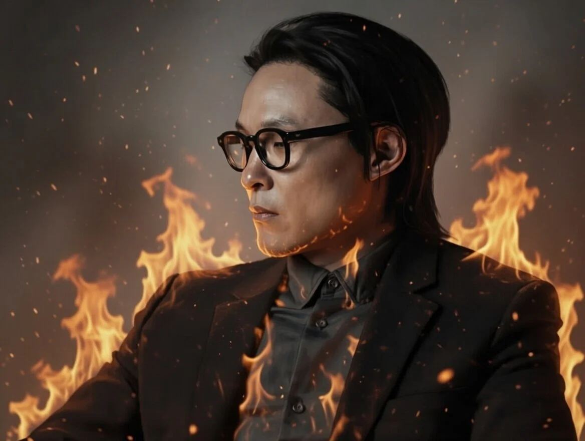 A man wearing glasses and a black suit with a gray shirt, with flames surrounding him and a dark background.