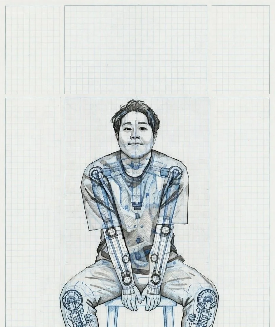 A drawing of a man sitting on a stool, with mechanical and robotic details on his arms, legs, and chest, on graph paper in a sketch style.