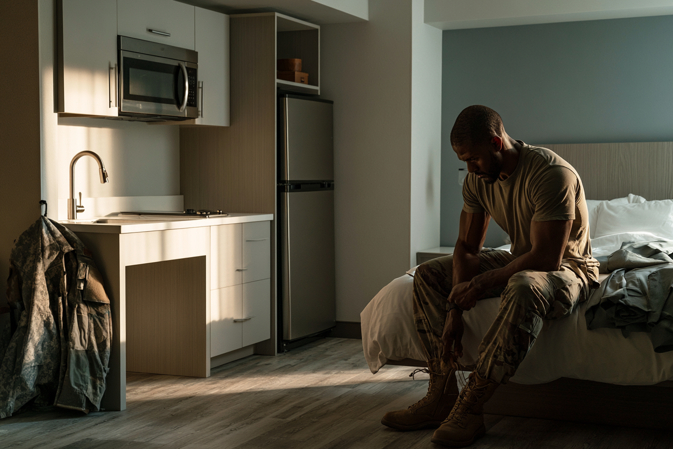 Extended stay guest getting ready in his suite