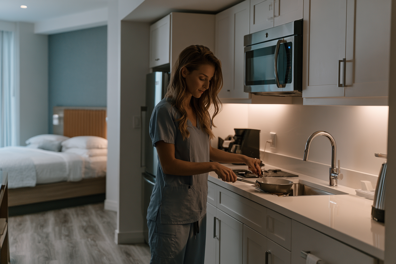 Extended stay guest preparing a meal in a suite kitchen